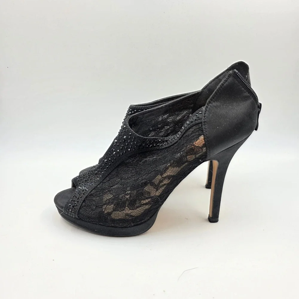 J. Renee Yael-3 Black Lace Rhinestone Peep Toe Bootie Heels Womens 8.5 J8-102